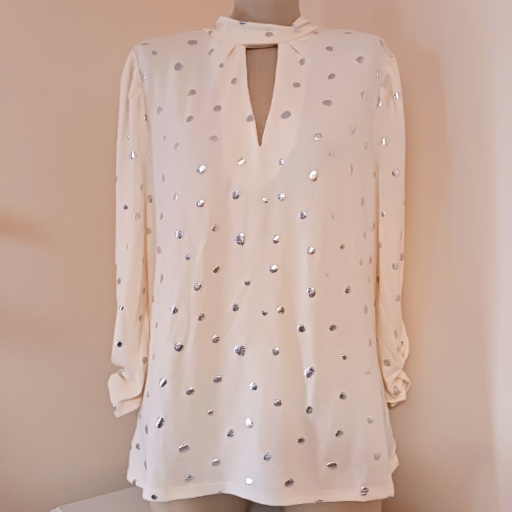 Como Black•NWT Vanilla Mock Neck Top with Metallic Silver Polka-dots Sz L